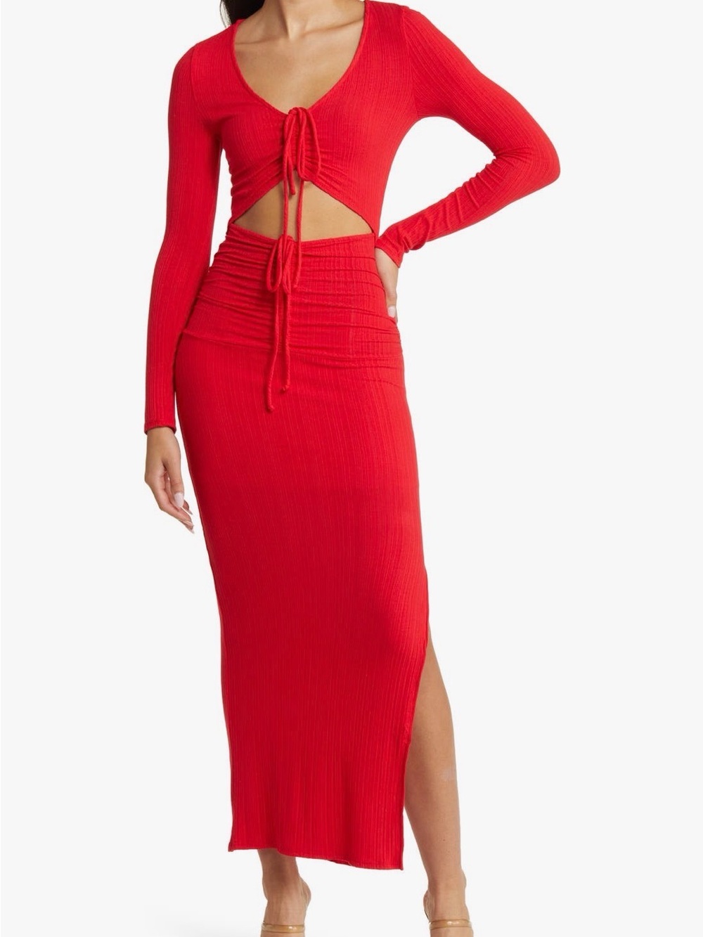 Red Ribbed Maxi Dress with Front Cutout and Tie Detail